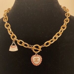 #76 Goldtone Toggle Necklace with 2 Upcycled Charms